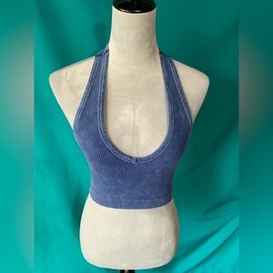 Zenana Outfitters Mineral Washed Navy Ribbed RACERBACK Cropped Top, Size Small